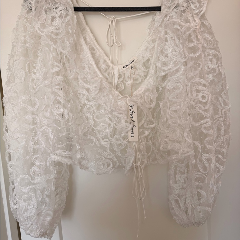 For Love & Lemons White Lace Tie-Front Puff Sleeve Crop Top